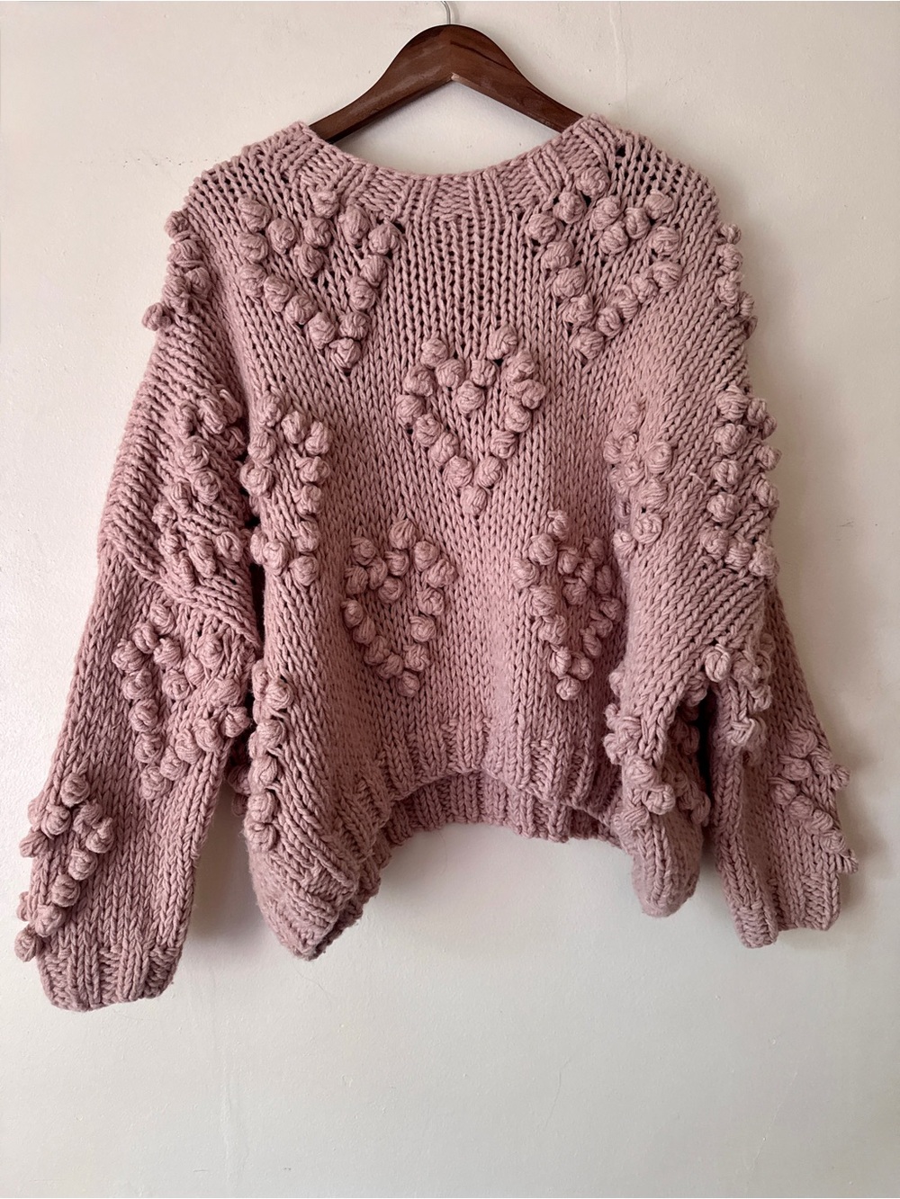Wishlist Handmade Heart Pom-Pom Chunky Knit Sweater Dusty Rose - Size M/L - Picture 2 of 8